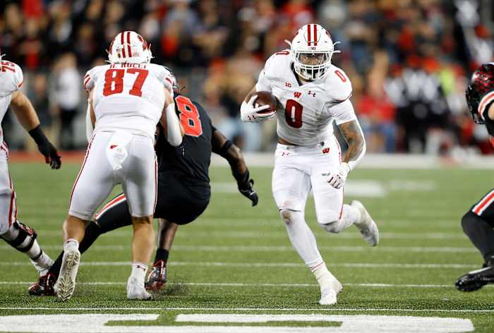 Sep 24, 2022; Columbus, Ohio, USA; Wisconsin Badgers running back Braelon Allen (0) runs the ball during the third quarter against the Ohio State Buckeyes at Ohio Stadium. Mandatory Credit: Joseph Maiorana-USA TODAY Sports
